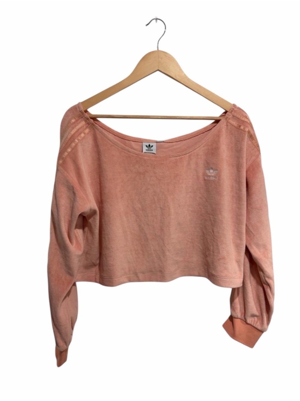 adidas Originals Ambient Blush Velour Off-the-Shoulder Cropped Sweatshirt
